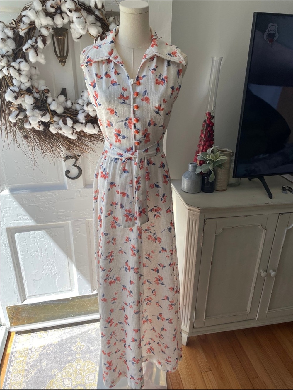Melissa Cream Maxi Dress with Orange-Red Floral Print